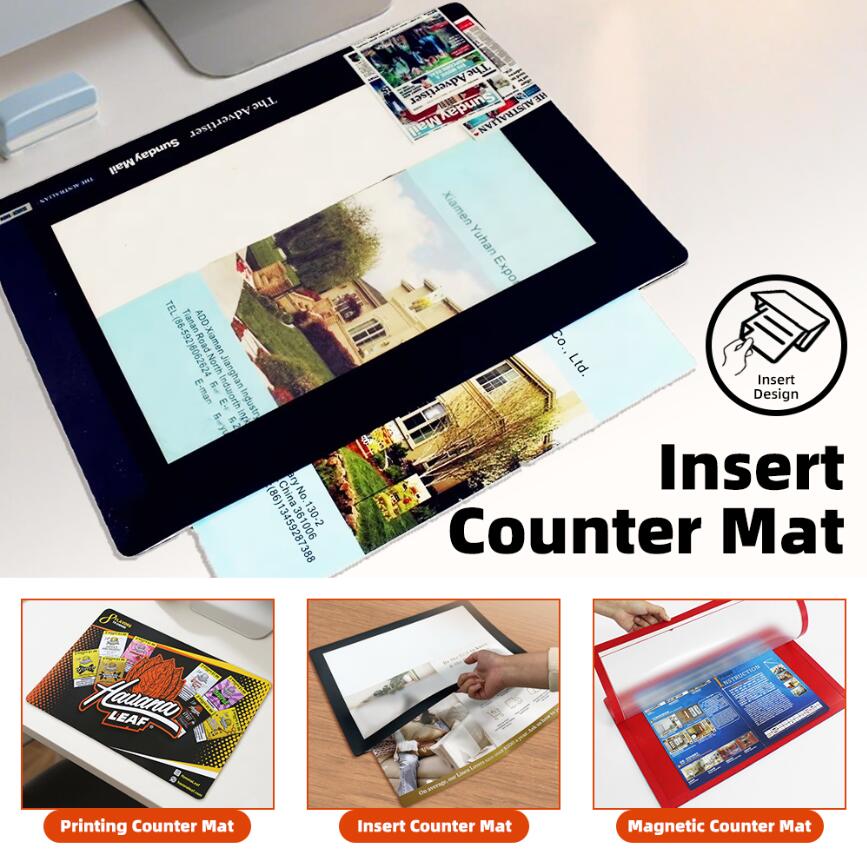Custom insert counter mat with a lift-up flap for changeable printed inserts
