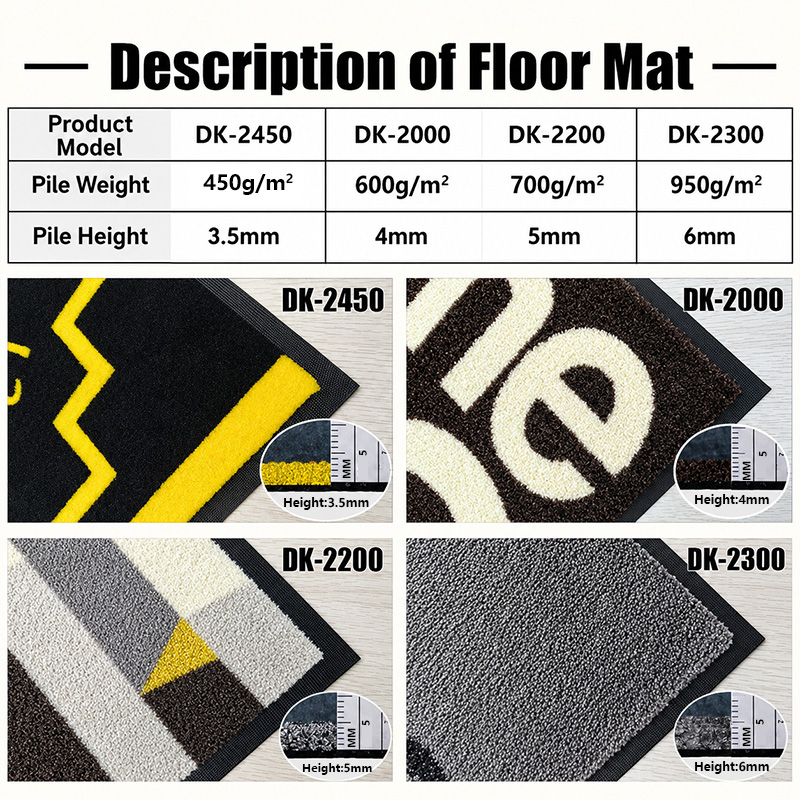 Logo mat model, pile weight and pile height specifications